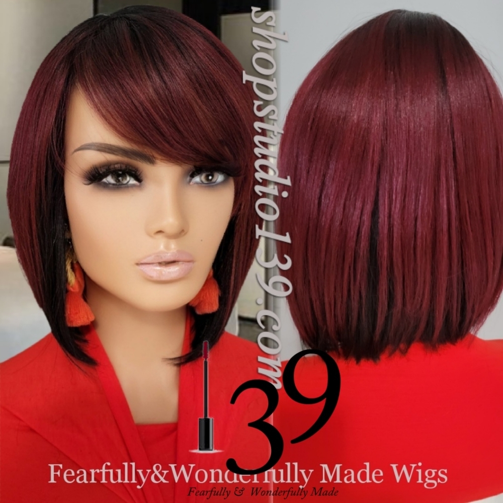Burgundy human hair bang bob wig 😍